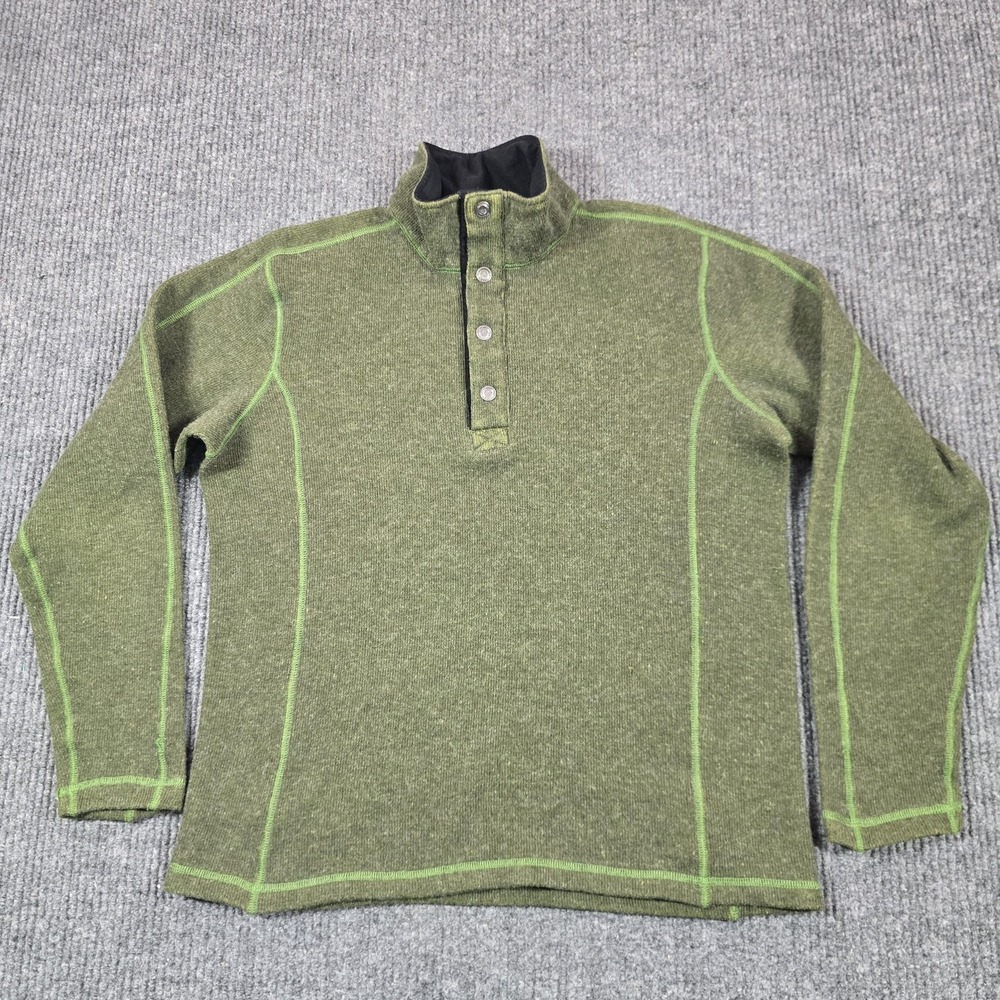 ExOfficio Sweater Mens Medium Green Wool Blend Thermal Mock Neck Henley Pullover